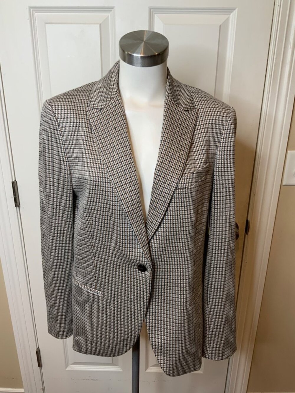 Theory Tan Blue Gun Club Check Plaid Blazer, Size 10